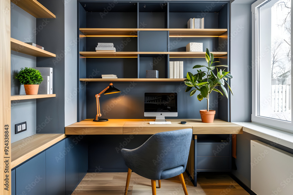 Modern Home Office Interior Design with Blue and Wood Accents - Photo Modern Home Office Interior Design with Blue and Wood Accents - Photo