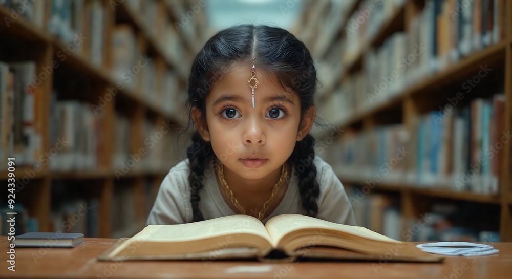 Young reader's focus: Girl's absorption in literature. Young Indian girl with braids reading large book in library. Young reader's focus: Girl's absorption in literature. Young Indian girl with braids reading large book in library.