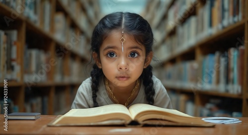 Young reader's focus: Girl's absorption in literature. Young Indian girl with braids reading large book in library.