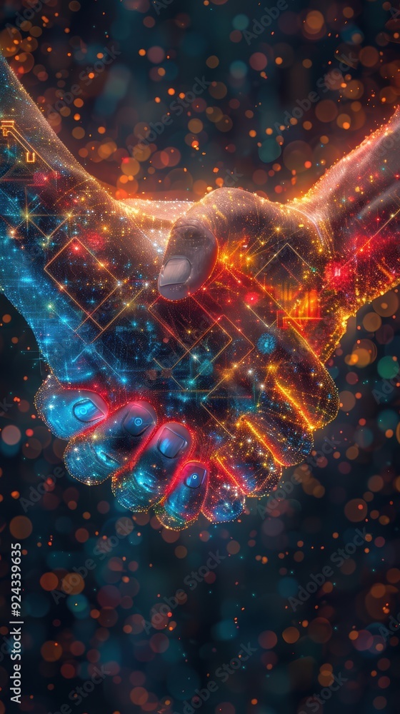 A 3D illustration of a handshake with digital elements, symbolizing business partnerships and technology. A 3D illustration of a handshake with digital elements, symbolizing business partnerships and technology.