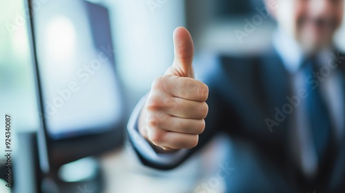 Businessman giving a thumbs up in an office setting during a formal meeting.
