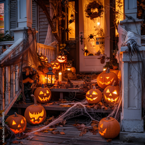 a spooky Halloween porch at dusk, featuring intricately carved jack-o'-lanterns with flickering candlelight