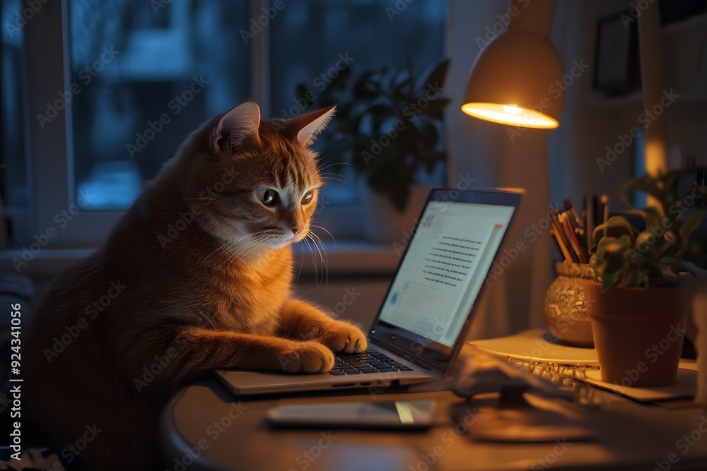 A high-resolution, brightly lit image of a chic cat working on a laptop, resembling a high-end lifestyle magazine feature with a joyful, professional vibe. A high-resolution, brightly lit image of a chic cat working on a laptop, resembling a high-end lifestyle magazine feature with a joyful, professional vibe.