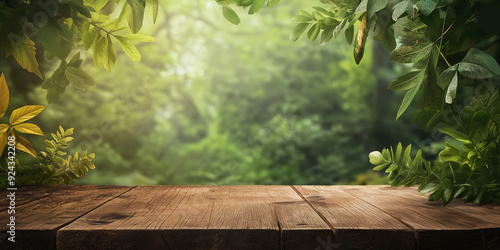 Wooden table top with green forest blurred background.
