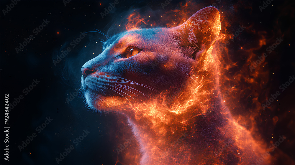 cat, the head of a cat in a multi-colored flame. Abstract multicolored profile portrait of a cat head on a black background cat, the head of a cat in a multi-colored flame. Abstract multicolored profile portrait of a cat head on a black background