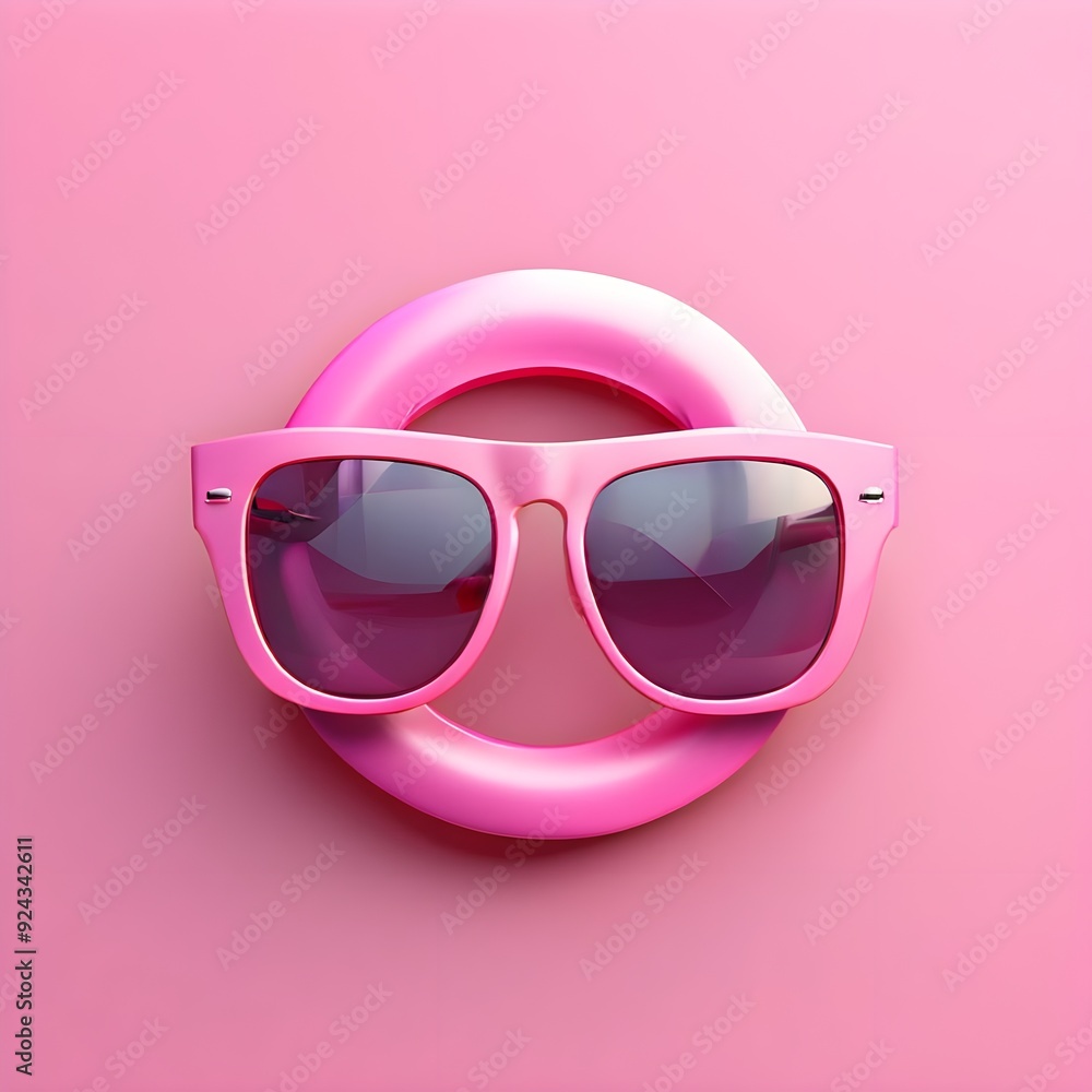 Pink tinted sunglasses with a reflective lens on a vibrant pink background Pink tinted sunglasses with a reflective lens on a vibrant pink background