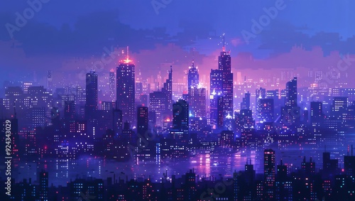 Capturing the vibrant energy of a neon-lit city skyline at dusk, this artwork immerses viewers in a world of colorful lights and urban allure that truly captivates the imagination.