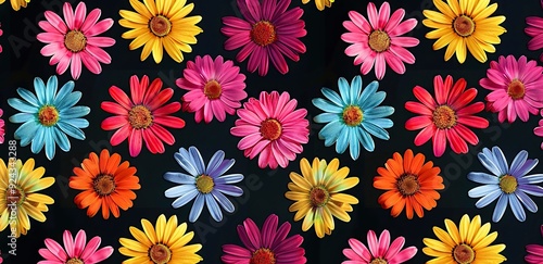 Wallpaper Mural A pattern of colorful daisies arranged in rows on black background Torontodigital.ca