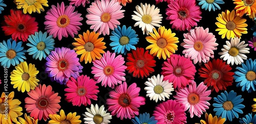 A pattern of colorful daisies arranged in rows on black background