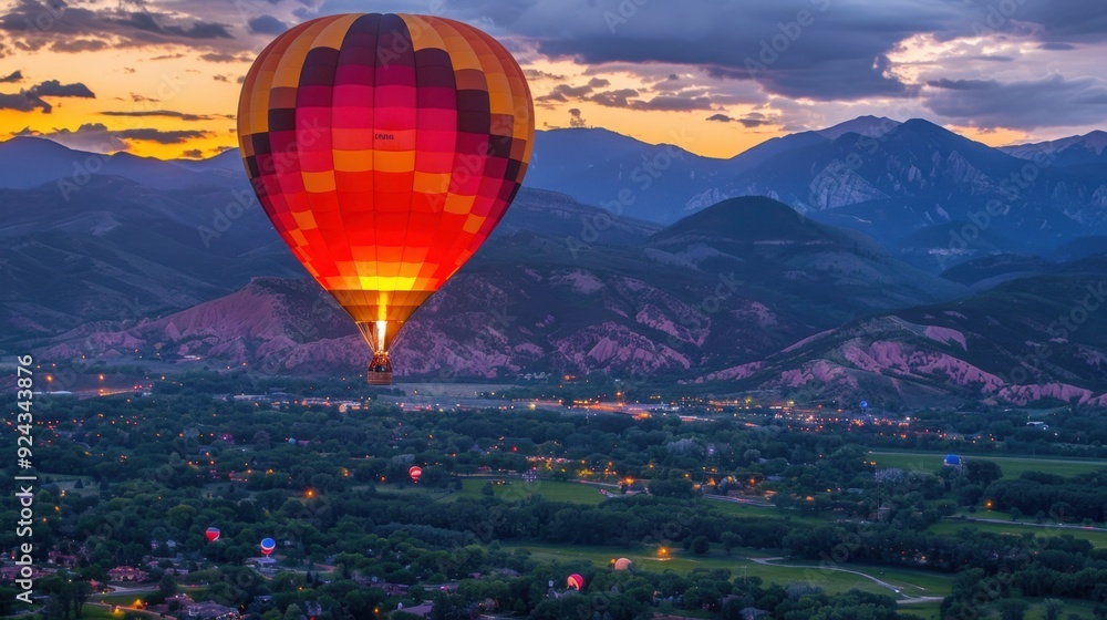 Fototapeta premium Evening Hot Air Balloon Ride: Experience a sunset hot air balloon ride. Witness the sky’s colors change and the landscape below become a magical sea of twinkling lights. 