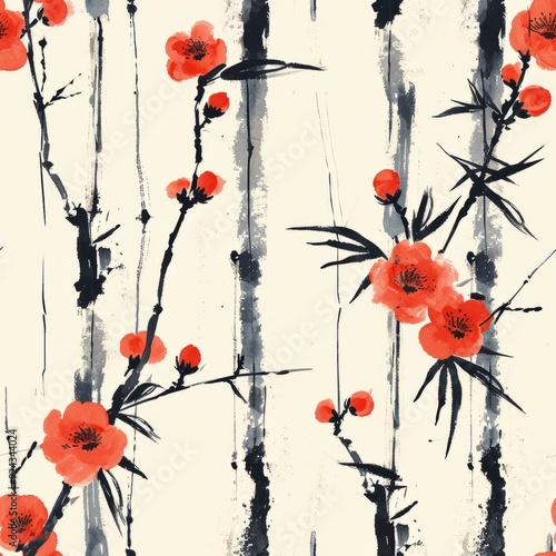 Seamless pattern of Geisha silhouettes, lanterns, and calligraphy strokes in sumi-e art