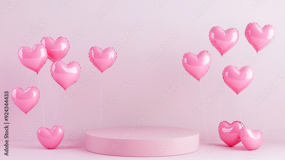3D Podium with Valentine Pink Heart-Shaped Helium Balloons Floating as Decorations, Featuring an Empty Stage for Product Presentation on a White Background 3D Podium with Valentine Pink Heart-Shaped Helium Balloons Floating as Decorations, Featuring an Empty Stage for Product Presentation on a White Background