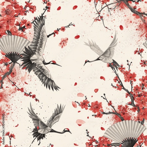 Seamless pattern of intricate origami cranes, paper fans, and cherry blossoms in sumi-e painting style