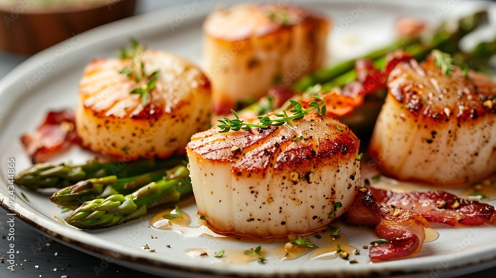 Fine dining food scallops served with bacon and asparagus Fine dining food scallops served with bacon and asparagus