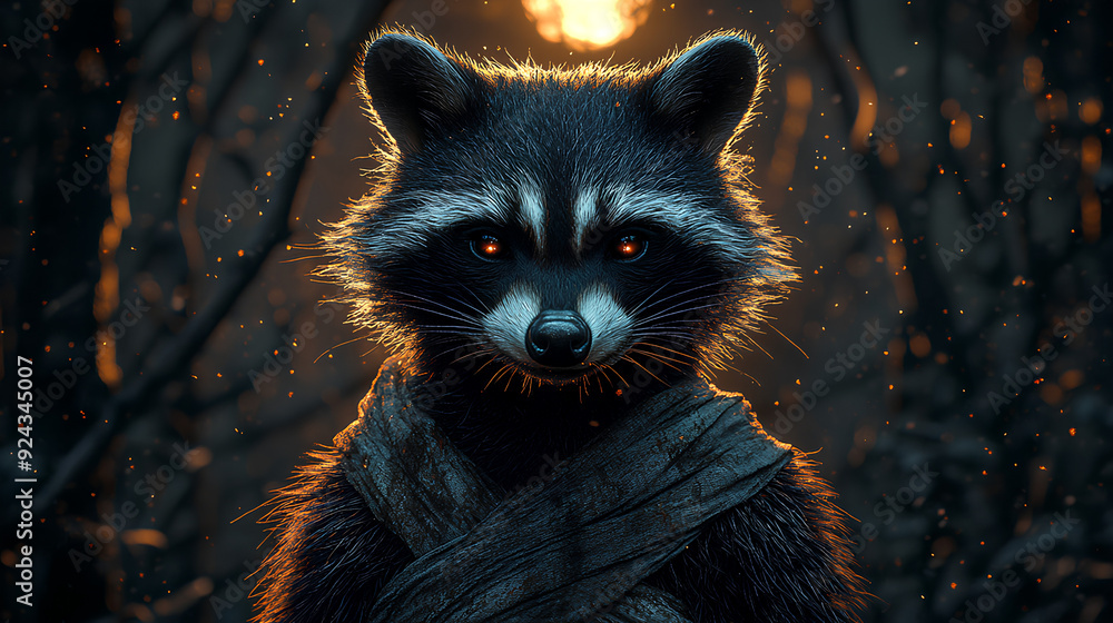 black raccoon in front of the moon, wrapped in bandages against a dark, eerie background with bare trees black raccoon in front of the moon, wrapped in bandages against a dark, eerie background with bare trees