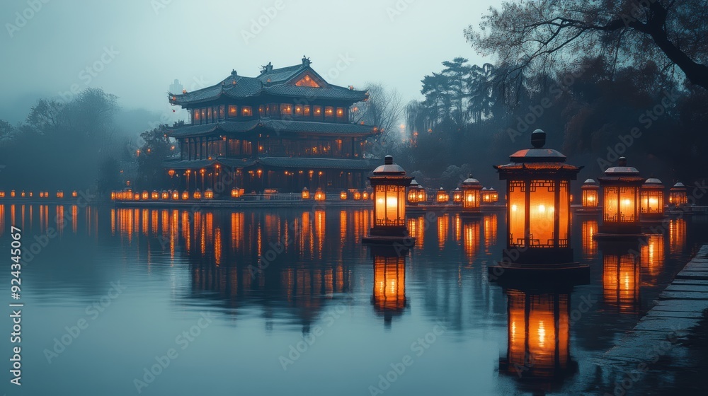 Obraz premium Celebrating the Mid-Autumn Festival with lanterns reflecting off a peaceful lake 