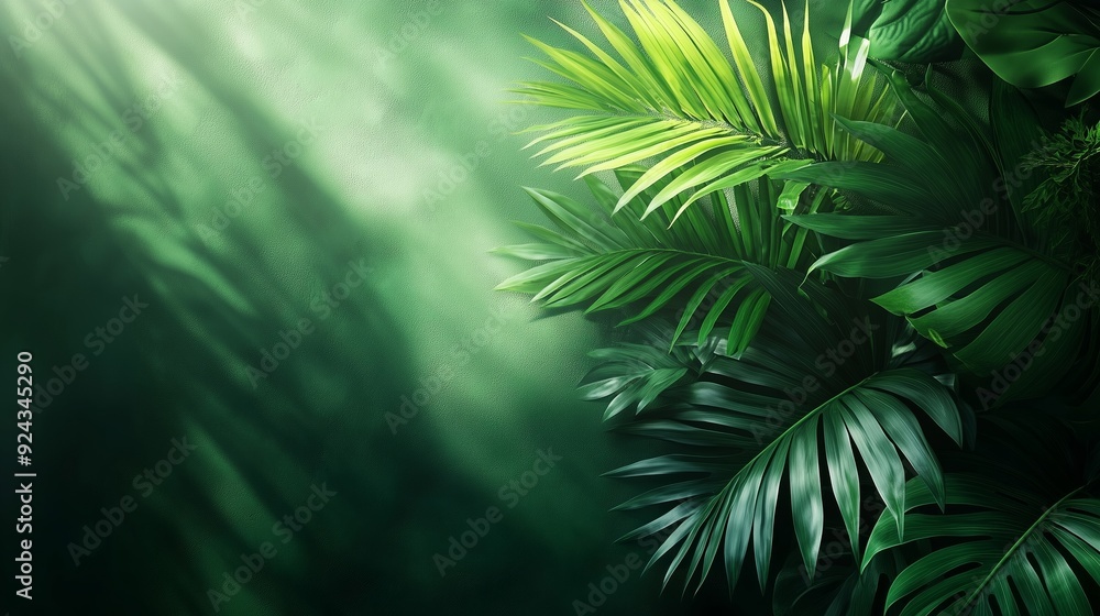 Fototapeta premium Serene Green Landscape Featuring Tropical Foliage and Sunlight