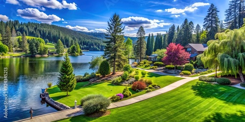 A serene vacant lot nestled between two upscale riverfront residences in Coeur d'Alene, Idaho, surrounded by lush greenery and majestic trees under a bright blue sky. photo