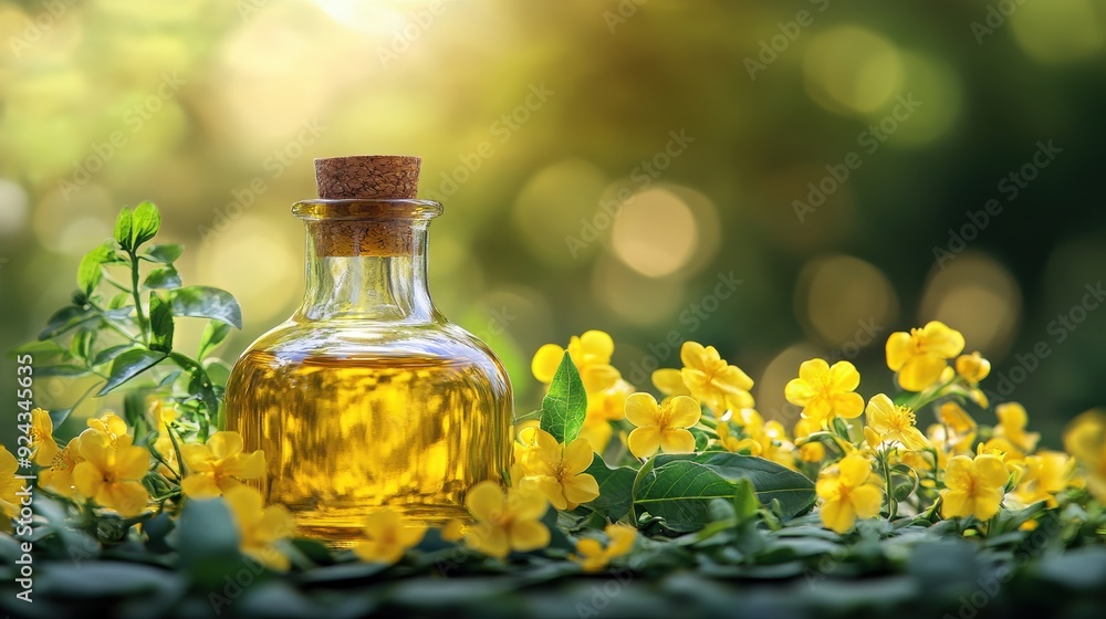 Golden canola oil set against a backdrop of lush green leaves and yellow flowers, radiating warmth and health Golden canola oil set against a backdrop of lush green leaves and yellow flowers, radiating warmth and health