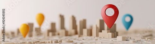 city model showcasing location markers representing important places or points of interest in an urban setting.