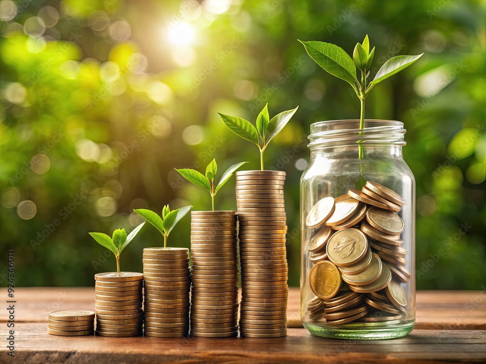 A shiny coin drops into a transparent glass bottle surrounded by a stacked step of growing money, symbolizing successful financial investment and savings growth. A shiny coin drops into a transparent glass bottle surrounded by a stacked step of growing money, symbolizing successful financial investment and savings growth.