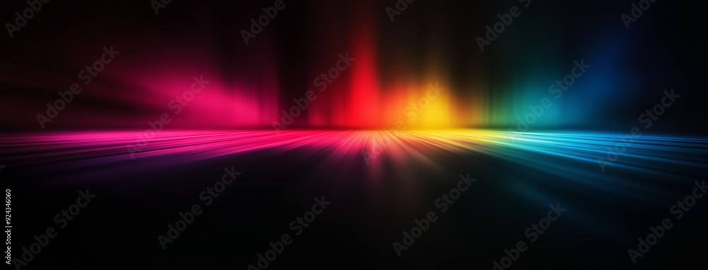 Obraz premium A vibrant abstract background with composition of blurred vertical stripes in a spectrum of colors, fading into darkness at the edges, noise grain effect and copy space area.