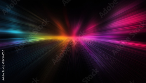 A vibrant abstract background with composition of blurred vertical stripes in a spectrum of colors, fading into darkness at the edges, noise grain effect and copy space area.
