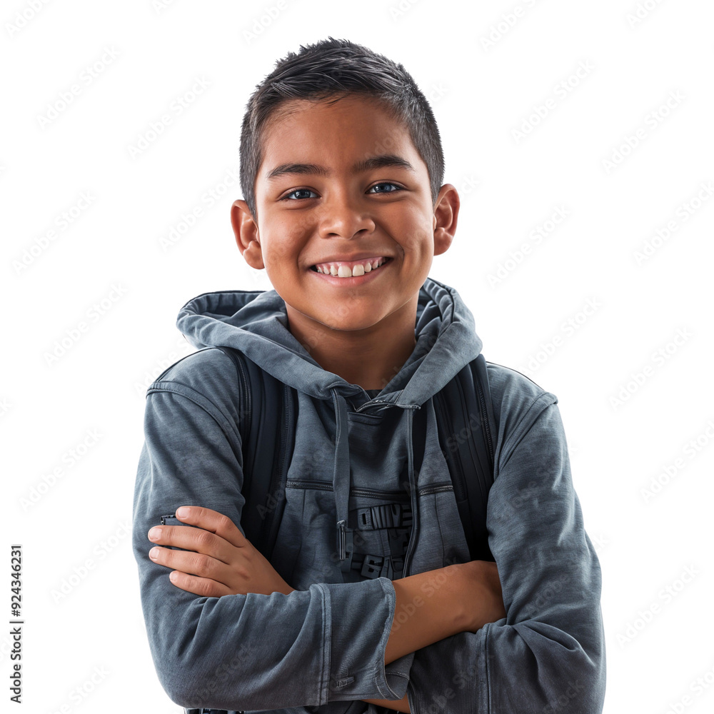 Portrait of a smiling young Hispanic schoolboy with his arms crossed, isolated on a transparent background Portrait of a smiling young Hispanic schoolboy with his arms crossed, isolated on a transparent background