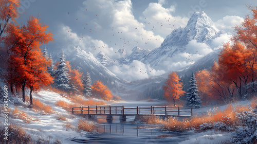 Nature and Landscape Backgrounds.Seasonal variations like autumn foliage or winter snow scenes.Generative Ai Illustratrions.