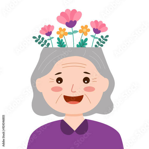 Elderly woman with positive emotion. Mental health awareness concept. Senior woman with flowers on her head.