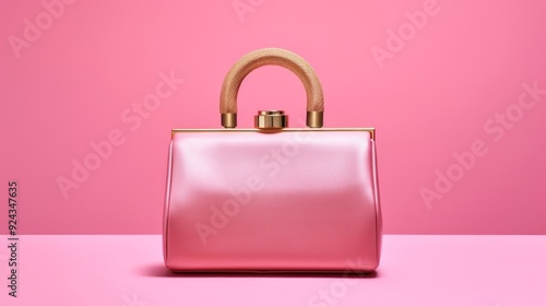 Pink handbag with wooden handle on pink background