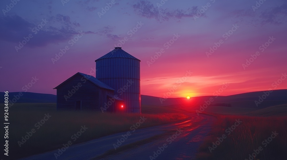 Steel grain silos with a backdrop of rolling fields under a soft evening sky Steel grain silos with a backdrop of rolling fields under a soft evening sky
