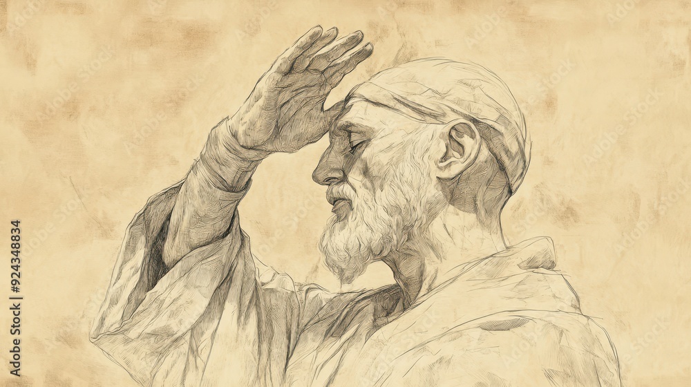 Fototapeta premium Bible Wall Art of Leviticus, The Sin Offering, Priest laying hands on sin offering, transfer of sin, Biblical Illustration with beige background