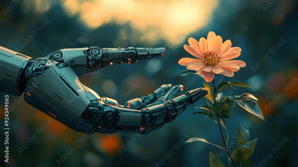 A robotic hand holds a delicate flower, creating a striking contrast between the cold, hard mechanics of robotics and the soft beauty of nature. The hand metallic surface glints in the soft natural A robotic hand holds a delicate flower, creating a striking contrast between the cold, hard mechanics of robotics and the soft beauty of nature. The hand metallic surface glints in the soft natural
