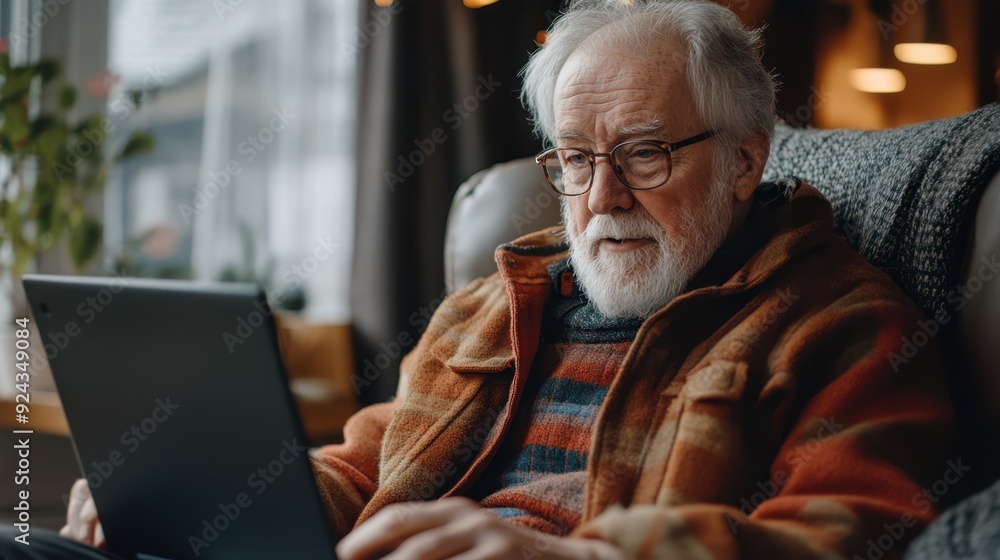 Senior man in home, streaming video games on a laptop, engaged audience in chat Senior man in home, streaming video games on a laptop, engaged audience in chat