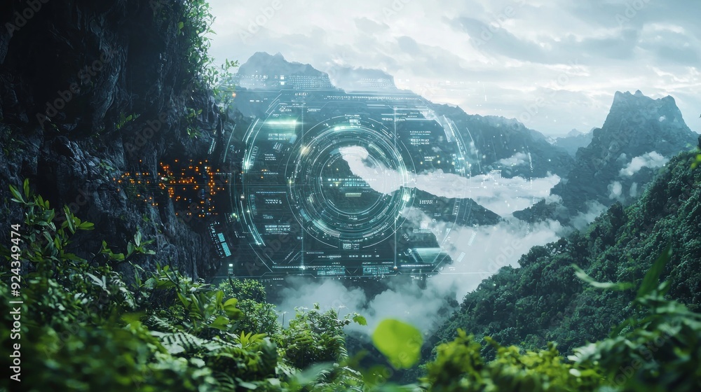 Obraz premium A futuristic holographic interface appears above a natural landscape, blending seamlessly with the environment. The high-resolution image combines cutting-edge technology with untouched wilderness,
