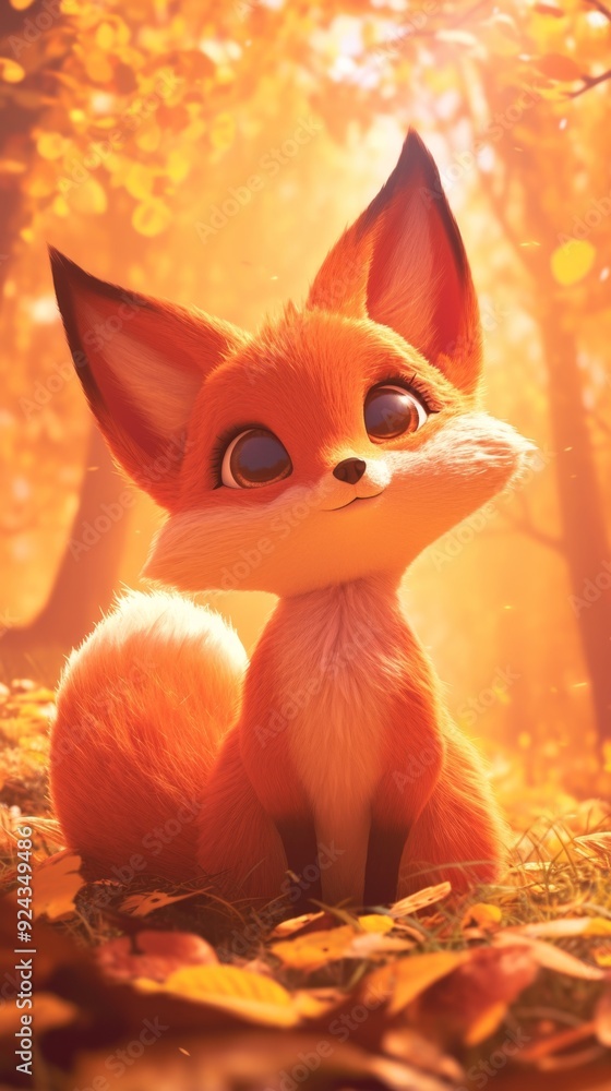 Fototapeta premium Enchanting Anime-Style Autumn Forest Scene: Adorable Fox Portrait with Big Cartoon Eyes in Oak Woodland. Whimsical 3D Illustration for Creative Marketing, Game Books, and Seasonal Nature Art. Dreamy A