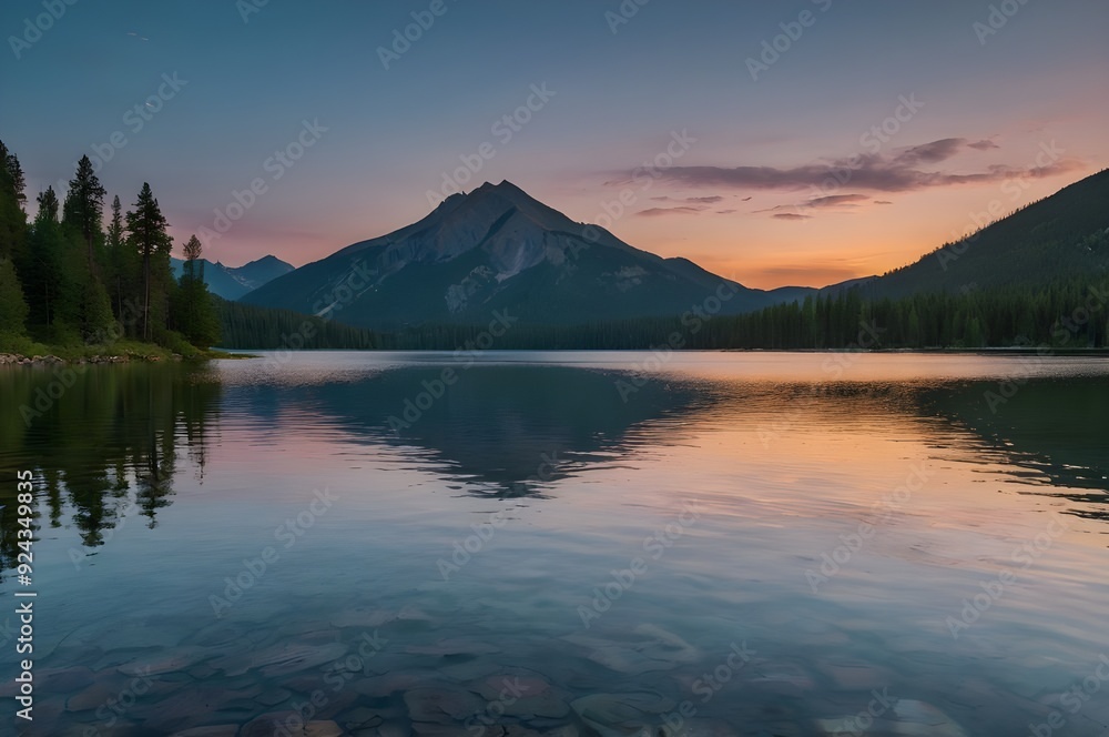 A serene mountain lake at dusk, reflecting majestic peaks and a sky painted in soft twilight hues. The water is calm and mirror-like, capturing the peacefulness of the scene. A serene mountain lake at dusk, reflecting majestic peaks and a sky painted in soft twilight hues. The water is calm and mirror-like, capturing the peacefulness of the scene.