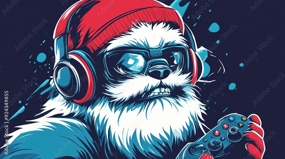 Fototapeta premium Retro-Styled Yeti with White Fur, Gamer Headset, Red Hat, and Gaming Controller, Evoking a Nostalgic Vibe