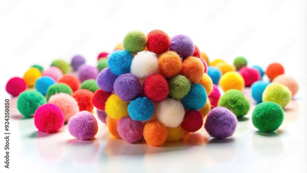 A solitary, vibrant cotton ball, sporting a mesmerizing array of colors, sits majestically against a pristine white background, exuding playful innocence and whimsy. A solitary, vibrant cotton ball, sporting a mesmerizing array of colors, sits majestically against a pristine white background, exuding playful innocence and whimsy.