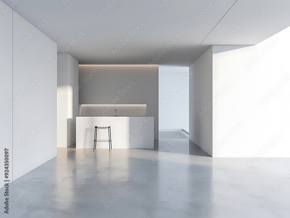 Minimalist Modern Kitchen Interior Design with White Walls and a Black Stool - 3D Illustration Minimalist Modern Kitchen Interior Design with White Walls and a Black Stool - 3D Illustration