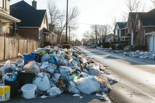 Residential street overwhelmed with trash piles photo