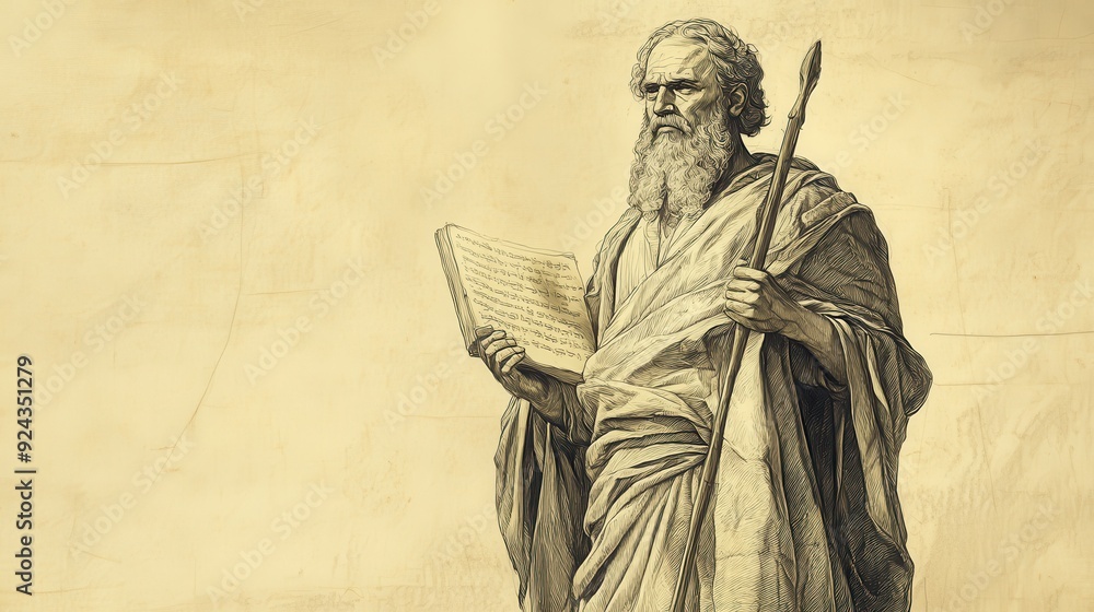 Fototapeta premium Bible Wall Art of Leviticus, Various Laws, Israelite avoiding idolatry worshiping the Lord, Biblical Illustration with beige background