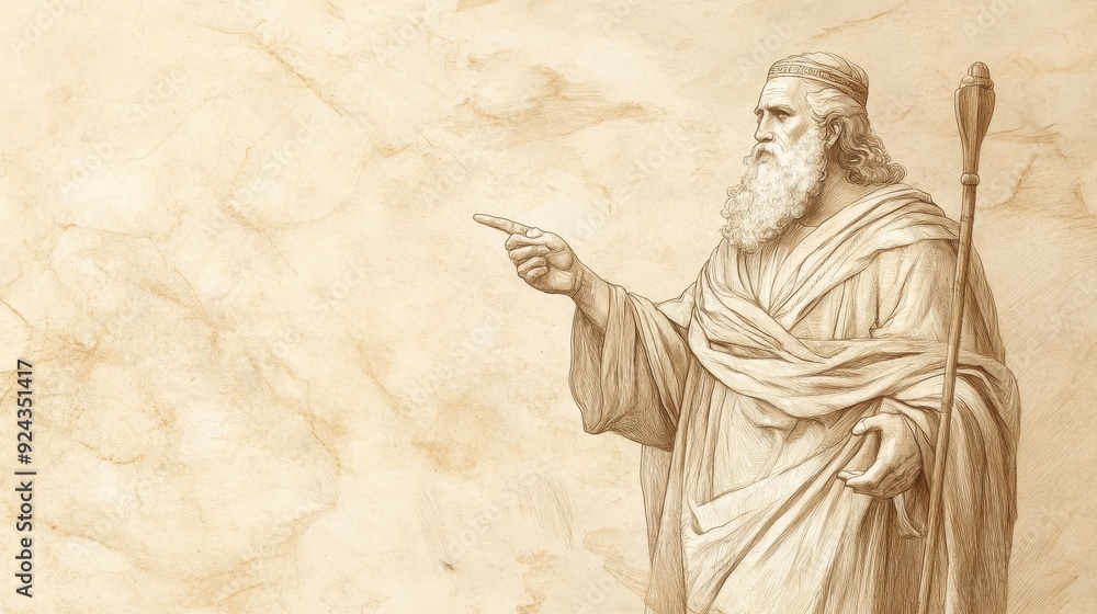 Fototapeta premium Leviticus Scene: Moses Addressing Israelites on Disobedience Consequences, Solemn Warning, Biblical Illustration, Bible Wall Art, Beige Background