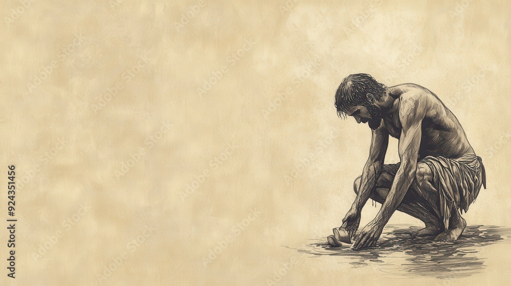 Leviticus Scene: Man Bathing and Sacrificing After Unclean Discharge Cleansing, Biblical Illustration, Bible Wall Art, Beige Background Leviticus Scene: Man Bathing and Sacrificing After Unclean Discharge Cleansing, Biblical Illustration, Bible Wall Art, Beige Background