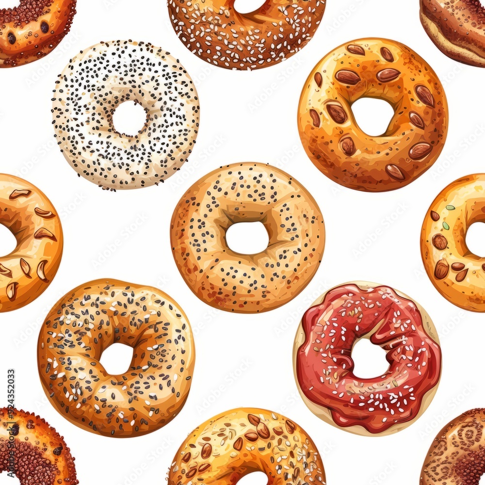 Seamless pattern of bagels in various flavors, topped with seeds and spreads Seamless pattern of bagels in various flavors, topped with seeds and spreads