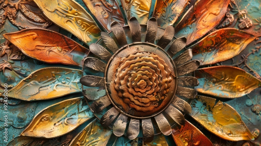Obraz premium Brighten up your walls with this captivating sunburstshaped metal art embossed with intricate detailing and painted in metallic hues.