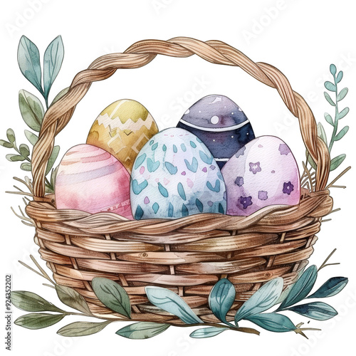 watercolor Easter egg basket in pastel colors Easter photo