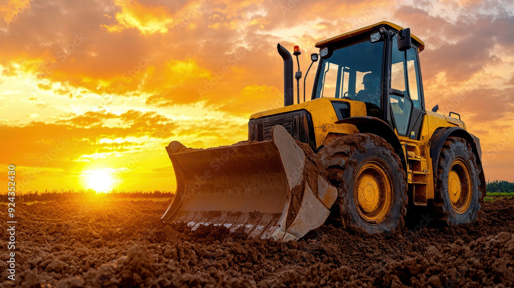 A powerful bulldozer working on the soil at sunset, showcasing strength and versatility in construction and agriculture.