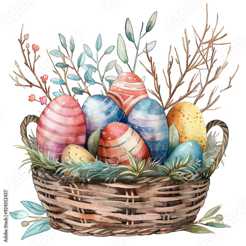 watercolor Easter egg basket in pastel colors Easter photo